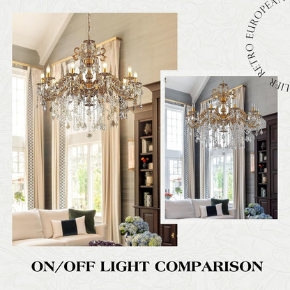 Gold Crystal Chandelier, 10-Light Antique Bronze Candle Pendant Ceiling Light Fixture with K9 Crystals for Dining and Living Room, Bedroom, Kitchen Island, Hallway, Dia 36"6