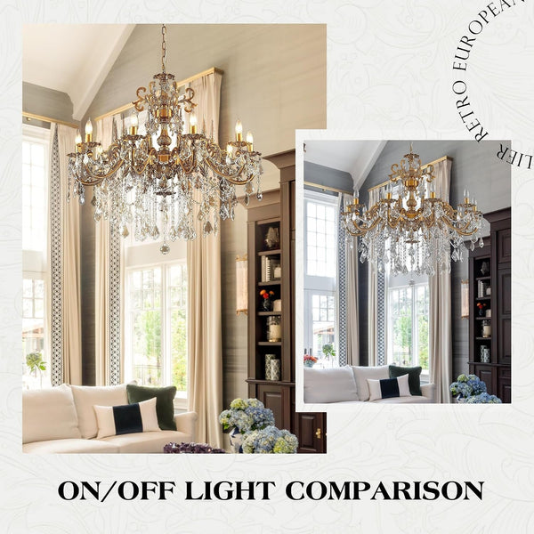 Gold Crystal Chandelier, 10-Light Antique Bronze Candle Pendant Ceiling Light Fixture with K9 Crystals for Dining and Living Room, Bedroom, Kitchen Island, Hallway, Dia 36"6