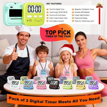 2 Pack Digital Timer for Kids Classroom Kitchen Timers for Cooking | W/ Battery, Easy to View, Alarm, Mute Mode, Count Down/Up, Magnetic, Kickstand, Hanging, Classroom Timer for Teacher Supplies9