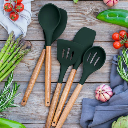 Non-Stick Silicone Cooking Utensils Set with Natural Acacia Hard Wood Handle, 5 Piece, High Heat Resistant (Green)5