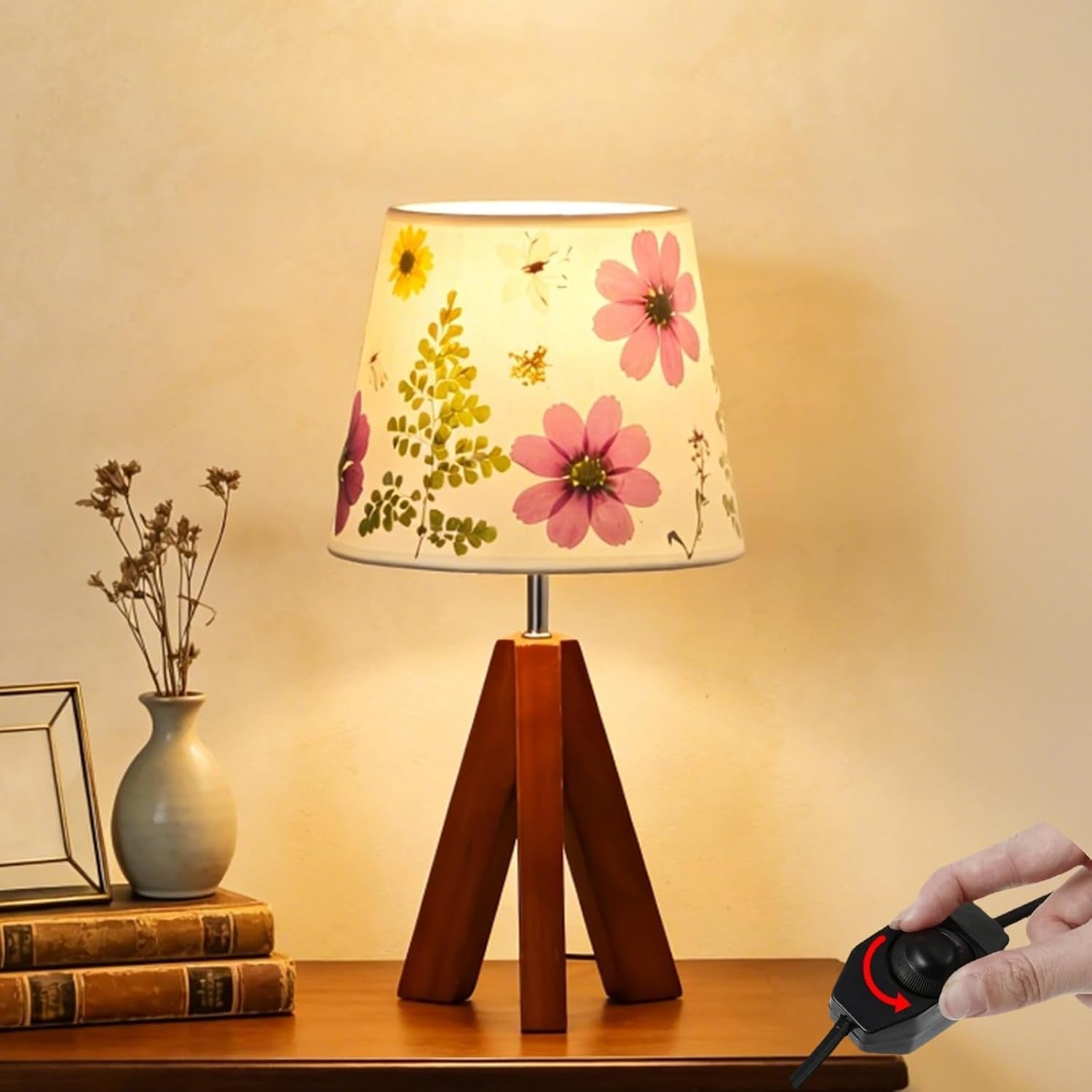 dried-flowers-tripod-table-lamp-14-17in-9w-led-dimmable-cute-bedside-lamp-with-flowers-linen-lampshade-for-nursery-bedroom-kid-room-living-room-light-brown-wooden-base