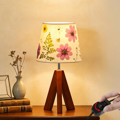 Dried Flowers Tripod Table Lamp 14.17In, 9W LED Dimmable Cute Bedside Lamp with Flowers Linen Lampshade for Nursery, Bedroom, Kid Room, Living Room, Light Brown Wooden Base1