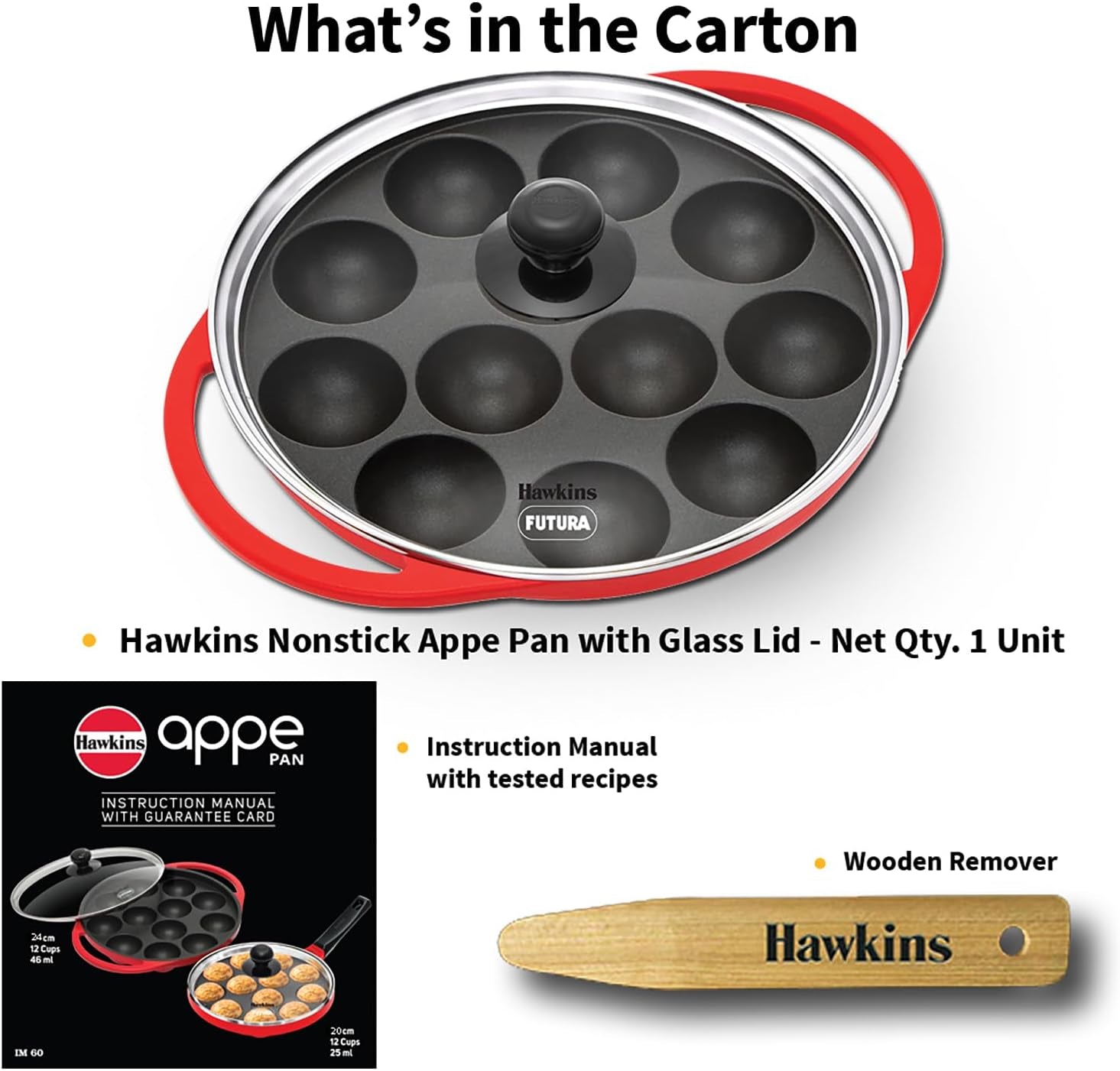 futura-24-cm-inside-diameter-appe-pan-26-cm-outer-diameter-non-stick-paniyaram-maker-with-glass-lid-12-cups-paniyarakkal-litti-kuzhi-paniyaram-ponganalu-red-nape24g