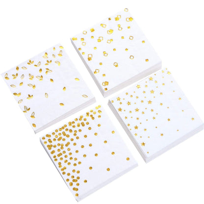 100 PK Gold Napkins - 4 Assorted Designs - 3-Ply Cocktail Napkins Folded 5 X 5 Inches Bar Napkins Disposable Party Napkins Paper Napkins Dinner for Wedding Baby Shower Birthday Graduation 20231