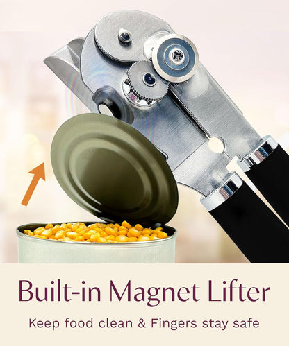 Heavy Duty Manual Can Opener with Magnetic Lid Lifter, Black | Premium Stainless Steel Body, Sharp Cutting Blade, Oversized Easy-Turn Knob, Soft-Touch Handle, Bottle Opener, Kitchen Use7