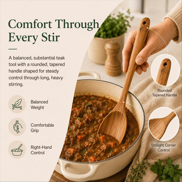 Teak Wooden Spoon for Cooking, Right Hand Corner Spoon, Nonstick Cookware | Spoon and Spatula in One: Scrape Fond, Stir, and Serve with a Solid Teak Corner Spoon and Ergonomic, Comfortable Handle3