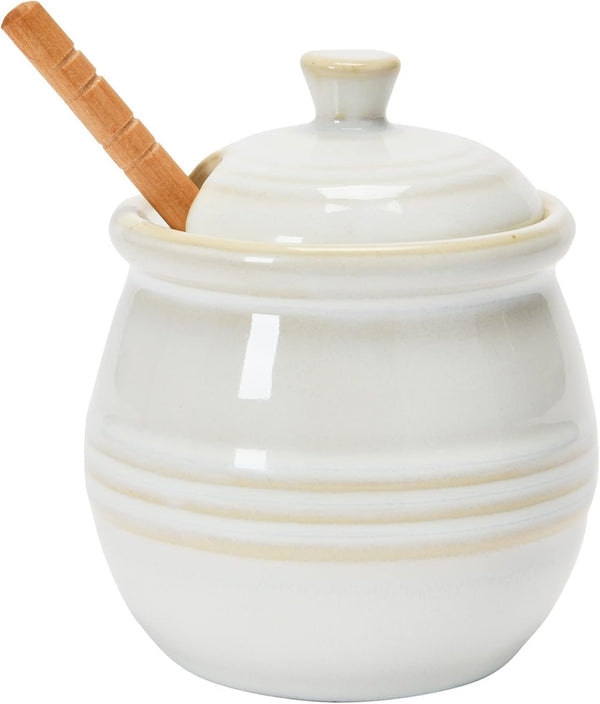 Creative Co-Op Farmhouse Embossed Stoneware Honey Pot with Wood Honey Dipper, White6