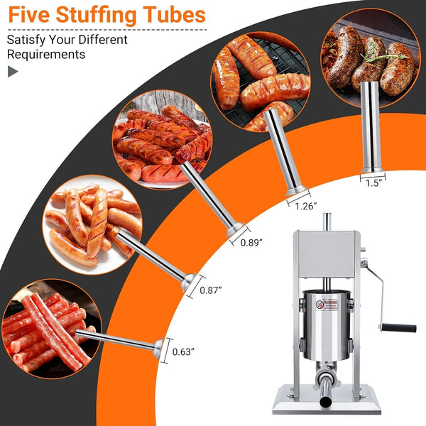 Sausage Stuffer,  Manual 7LB/3L Sausage Maker Machine, Meat Stuffer with Dual Speed, Stainless Steel Heavy Duty Sausage Filler with 5 Stuffing Tubes, for Commercial and Home Use5