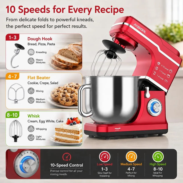 7.5QT Stand Mixer, 10-Speed Tilt-Head Electric Mixer with 660W Motor, Stainless Steel Bowl with Handle, Dough Hook, Whisk, Beater & Splash Guard – Quiet Kitchen Mixer for Baking & Dough5