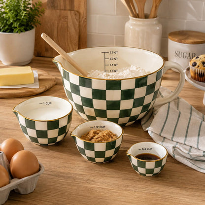 Ceramic Mixing Bowl Set with Measuring Pieces, 5-Piece Green Checkered5