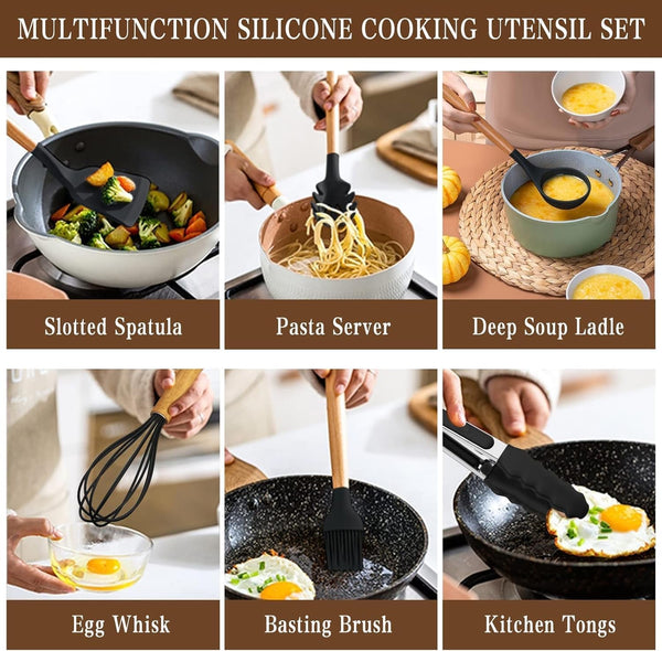 Kitchen Utensils Set- 34PCS Silicone Cooking Utensil with Holder,  Heat Resistant Kitchen Spatula Set for Nonstick Cookware, Black Wooden Handles Kitchen Gadgets Tools Set4