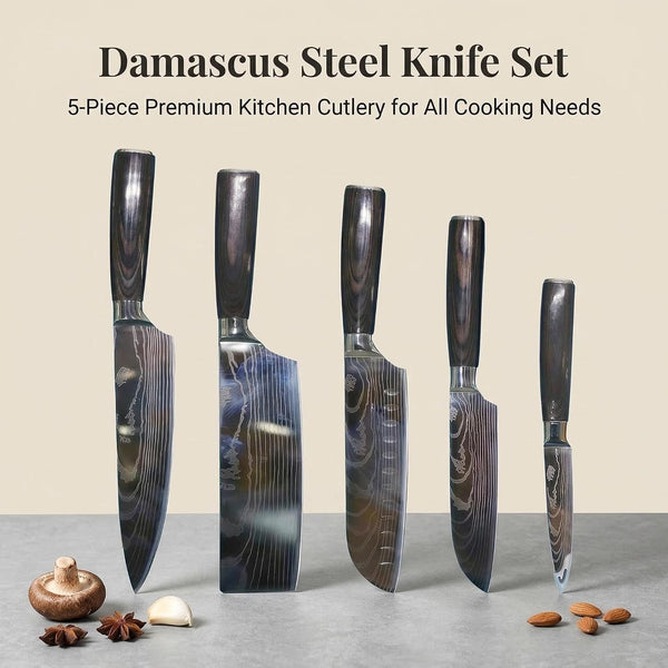5-Piece Japanese Kitchen Knife Set, High Carbon Stainless Steel, Damascus Pattern Blades with Pakkawood Handle, Chef, Santoku, Cleaver, Paring5