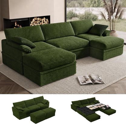 107" Boneless Couch with Storage, 48.6" Extra Deep-High Seat Modular Sectional Sofa with Ottoman, 3 Seater U Shaped Corduroy Cloud Couch, Tool-Free Assembly Sectional Couches for Living Room, Green1