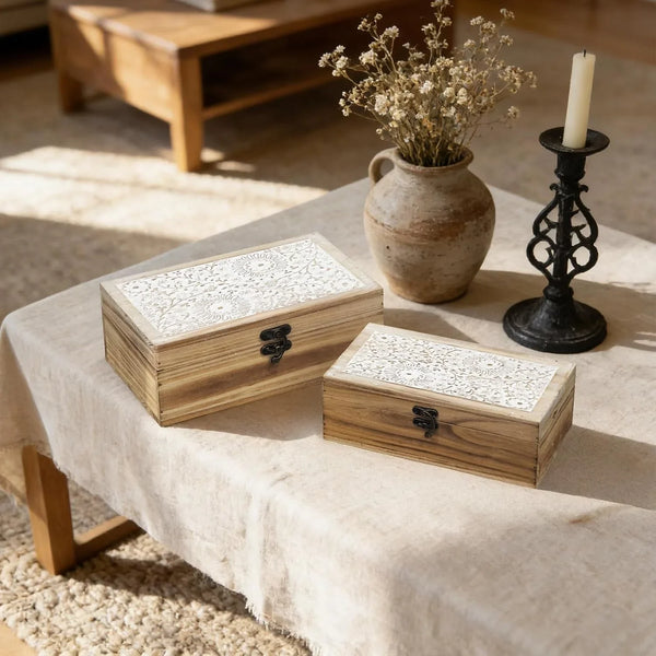 Rustic Farmhouse Wood Decorative Boxes, Set of 2 Keepsake Box Wooden Box with Hinged Lid and Floral Carved Design, Decorative Boxes for Home Decor (Brown)7