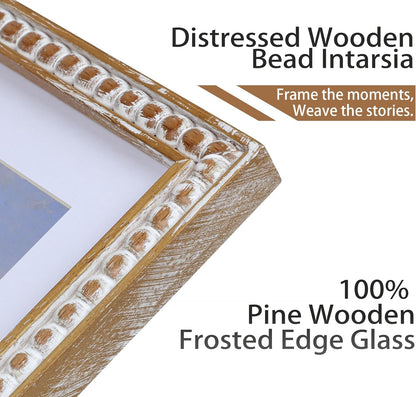 8X10 Rustic Picture Frame with Mat for 5X7/6X8, Farmhouse Boho Deco Distressed Beaded Wooden Real Glass, Vertical or Horizontal Display Photo Gallery Wall & Tabletop Frame, Natural4