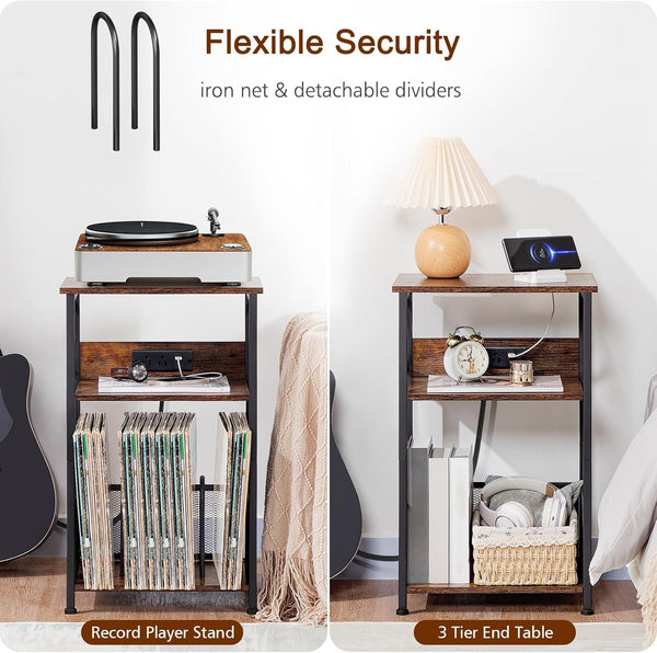 Record Player Stand with Charging Station, Vinyl Record Storage | Turntable Stand with Type-C, Vinyl Record Player Table Holds 100 Albums, 3 Tier End Table Living Room, Rustic Brown5