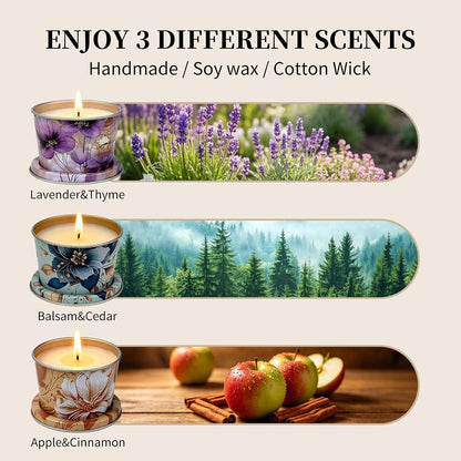 3 Pack Scented Candle Gift Set,Lavender Thyme,Apple Cinnamon & Balsam Cedar,2.2 Oz Each,Soy Wax Tin Candles,Gifts for Women,Mom,Friends,Home Decor5