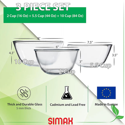 Glass Mixing Bowls Set: Borosilicate Glass Mixing Bowls - Microwave, Oven & Dishwasher Safe - 3 Piece Set (2 Cup, 5.5 Cup, 10.5 Cup)2