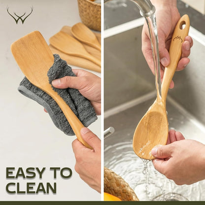 Prime Bamboo Wooden Spoons for Cooking Set of 3 Pcs – Wooden Cooking Utensils with Long Handle, Includes Flat Wood Spoon, Bamboo Spatula, and Slotted Spoon for Kitchen Utensils Set6