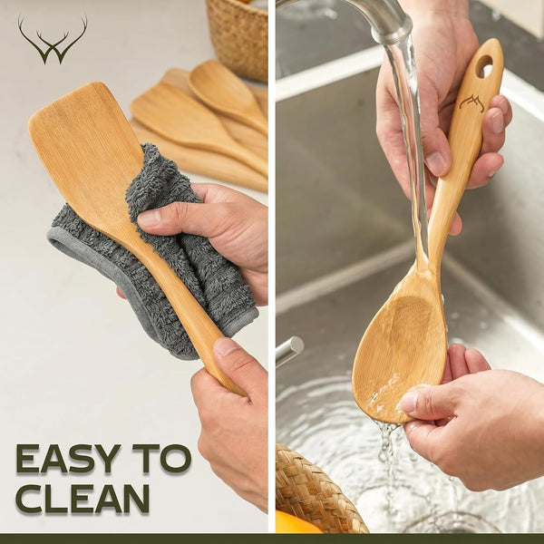 Prime Bamboo Wooden Spoons for Cooking Set of 3 Pcs – Wooden Cooking Utensils with Long Handle, Includes Flat Wood Spoon, Bamboo Spatula, and Slotted Spoon for Kitchen Utensils Set6