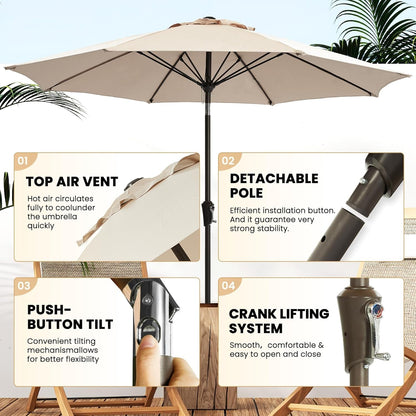 9 FT Patio Umbrella Outdoor Table Umbrella Fiberglass Frame Beige | 9 FT Fiberglass Frame, Crank & Tilt, 8 Ribs, 180G UV50+ Canopy. Wind Fade Resistant. Suitable for Patio, Deck, Pool, Garden.3
