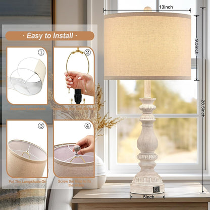 28.5" Tall Farmhouse Table Lamps Set of 2 for Living Room Rustic Bedside Lamps with USB C+A Traditional Lamp for Bedroom Nightstand Office Hallway, Washed White, Rotary Switch, Bulb Not Included6