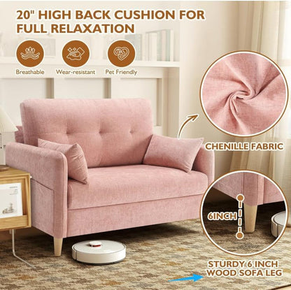 47" Small Sofa Couch for Bedroom, Soft Chenille Loveseat Mini Couch with Throw Pillow and Removable Cushion Cover for Small Spaces, Living Room, Apartment, Dorm, Office(Pink)3