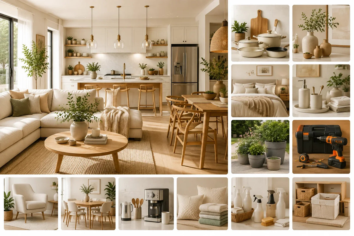 Cozy living room with modern kitchen, dining set, home decor, garden plants, and tools for home improvement