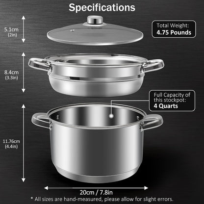 ® 4 Quart 18/10 Stainless Steel Tri-Ply Stockpot and Steamer with Tempered Glass Lid, Multipurpose Steamer Pot Compatible with All Cooktops, Non-Toxic Soup Pot, Oven & Dishwasher Safe (Silver)2