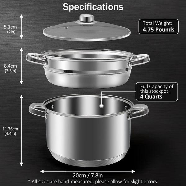 ® 4 Quart 18/10 Stainless Steel Tri-Ply Stockpot and Steamer with Tempered Glass Lid, Multipurpose Steamer Pot Compatible with All Cooktops, Non-Toxic Soup Pot, Oven & Dishwasher Safe (Silver)2