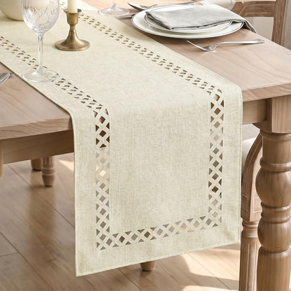 Beige Rustic Geometric Hollow Table Runner, Seasonal Washable Kitchen Dining Table Decoration for Home Party Decor 13X90 Inch1