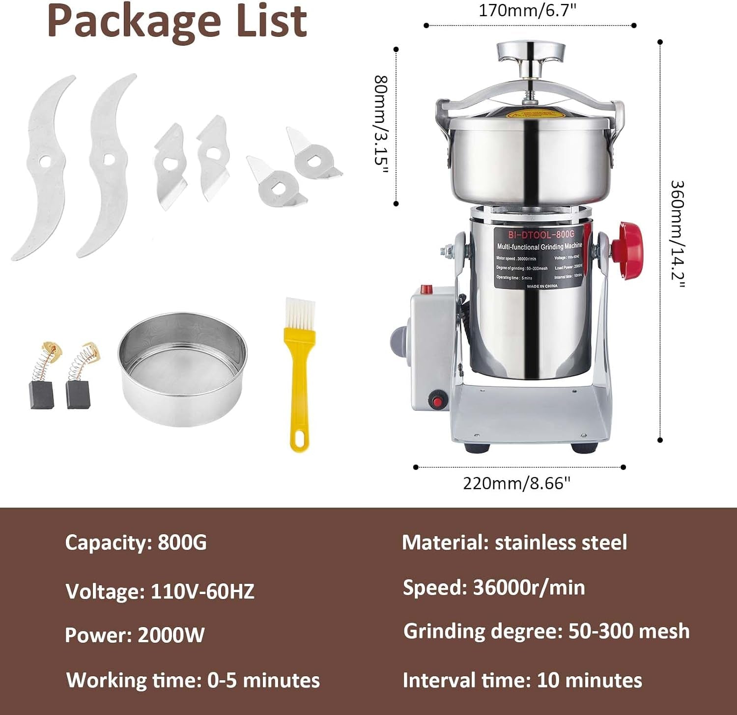 electric-grain-mill-grinder-2000w-dry-material-grinding-machine-800g-stainless-steel-pulverizer-36000r-min-high-speed-grain-mill-270-swingable-superfine-powder-for-home-and-commercial-800g