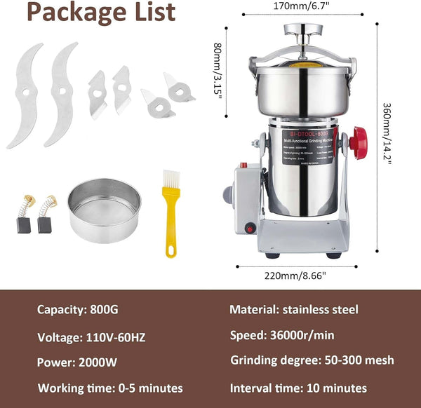 Electric Grain Mill Grinder 2000W Dry Material Grinding Machine 800G Stainless Steel Pulverizer 36000R/Min High-Speed Grain Mill 270° Swingable Superfine Powder for Home and Commercial 800G2
