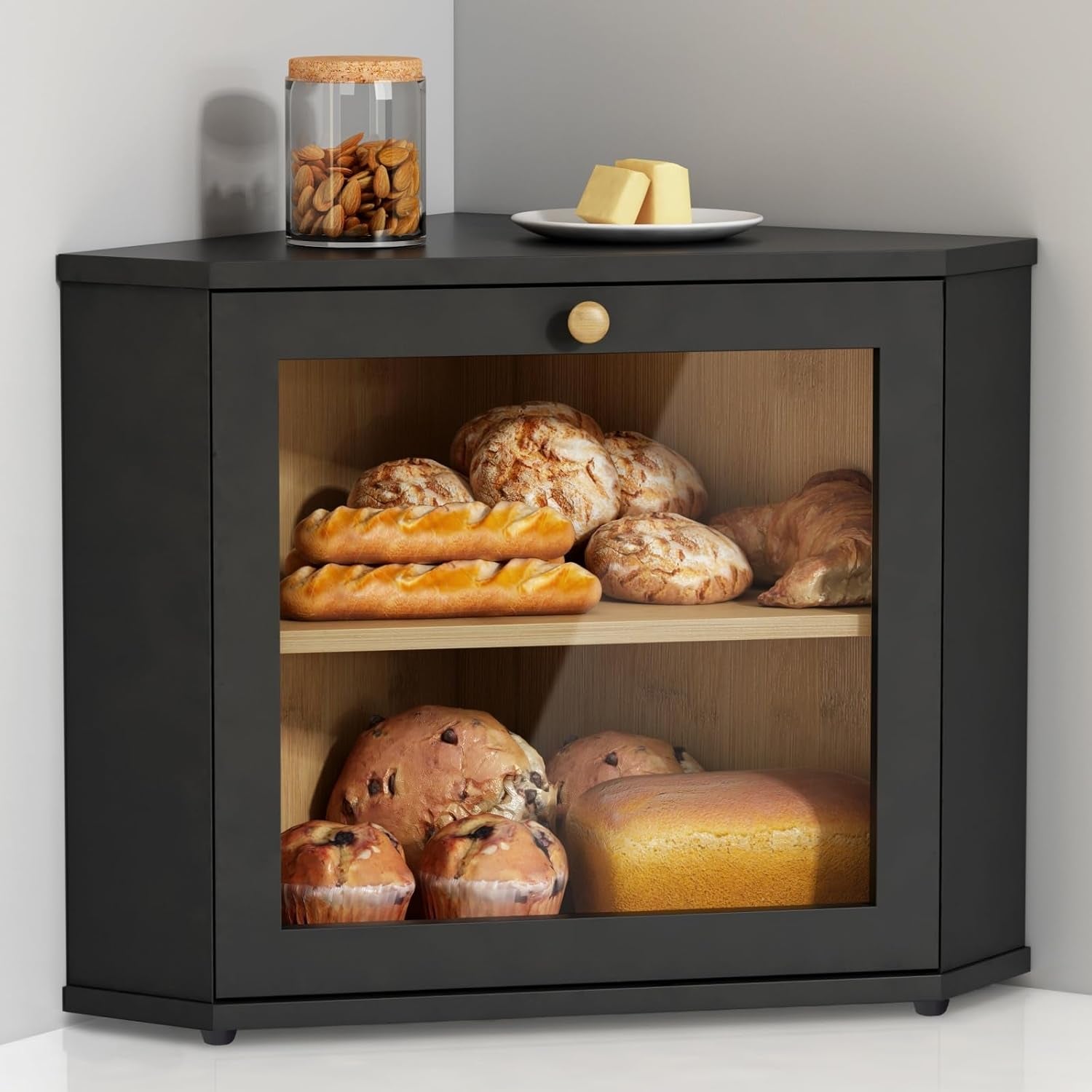 corner-bread-box-for-kitchen-countertop-black-bread-storage-container-for-homemade-bread-two-layer-breadbox-under-cabinet-mount-large-bread-holder-for-kitchen-counter-pantry-shelf
