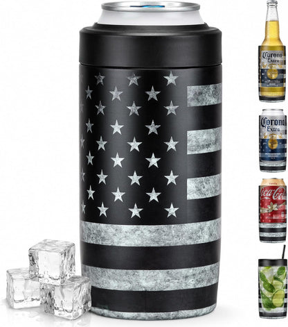 4-In-1 Slim Can Cooler Easy to Hold Insulated Beer Can Holder Double-Walled Stainless Steel for All 12 Oz Cans Black America Flag 21
