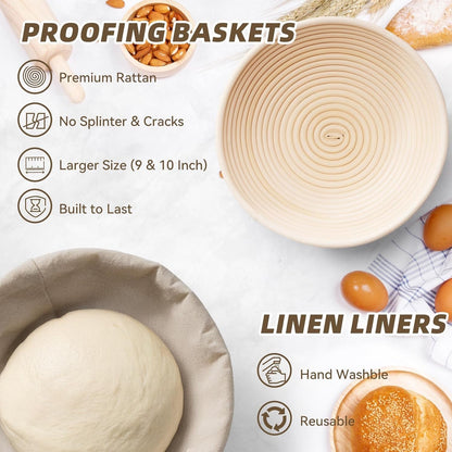 9" & 10" Banneton Bread Proofing Basket Set, round Banneton Basket for Sourdough Baking, Baking Supplies with Linen Liner, Bread Lame & Dough Whisk, Sourdough Proofing Tools3
