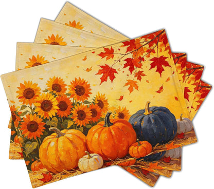 Fall Pumpkin Sunflower Placemats Set of 4 Thanksgiving Autumn Maple Leaf Table Mats Harvest Farmhouse Holiday Place Mats Washable Linen Placemat for Party Kitchen Dining Decor 12X18 Inch1