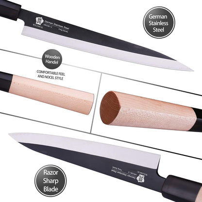 Set of 4 GYUTO Sushi Chef Knives-Yanagiba-Deba-Nakiri-Utility Kitchen Knife, Fish Slicing Filleting Knife Sets with German Steel Blade & Traditional Wooden Handle2