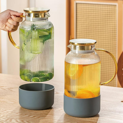 2 PACK Glass Pitcher with Lid, 68 Oz Glass Carafe with Silicone Base | 2L Classic Vertical Stripes Glass Water Jug with Handle,Glass Water Carafe for Cold Brew,Milk, Iced Sun Tea,Beverage,Cold/Hot7