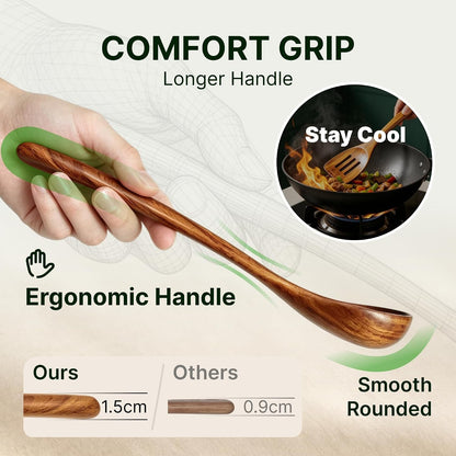8 PCS Teak Wood Kitchen Utensil Set, Natural Wooden Cooking Spoons & Spatulas, Non Toxic Cooking Tools for Nonstick Cookware, Comfortable Handles, Easy Care5