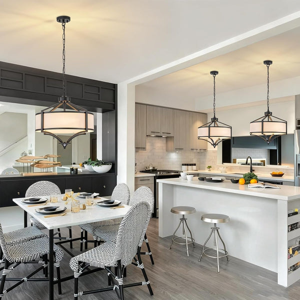 20" Farmhouse Modern Chandeliers for Dining Room Black Drum Chandelier Kitchen Island Light Fixtures, Large Pendant Light with Fabric Shade for Living Room Bedroom5