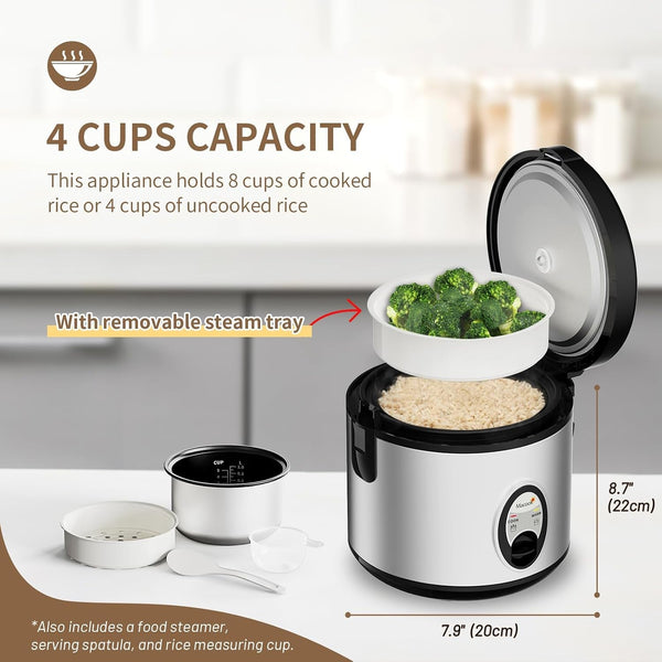 Stainless Steel Rice Cooker with Steamer, 4-Cup Uncooked (1.0L)/8-Cup Cooked, Electric Grain & Vegetable Cooker, Auto Keep Warm for Oatmeal, Soups & Multicooking3