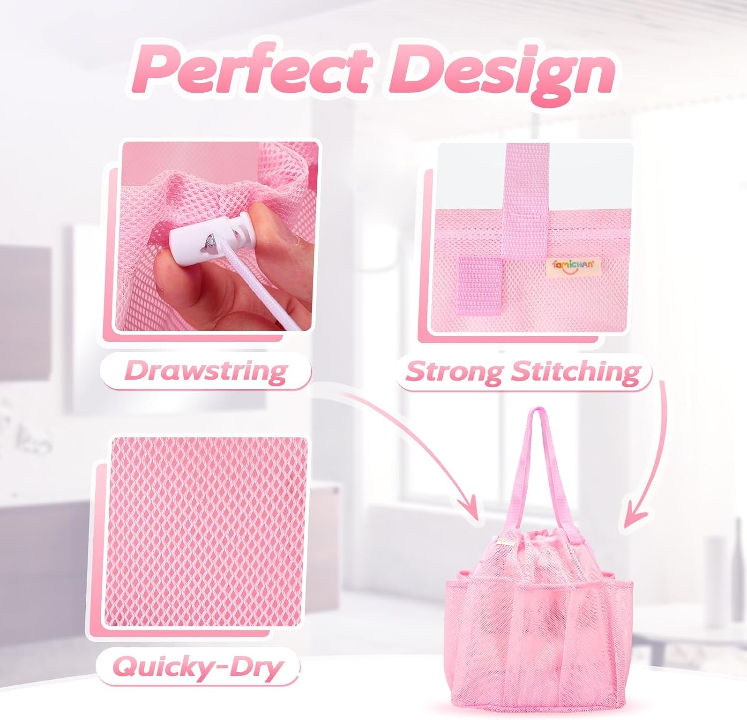 mesh-shower-caddy-portable-with-drawstring-dorm-room-essentials-for-college-students-girls-large-shower-bag-for-camping-swimming-gym-travel-bathroom-pink