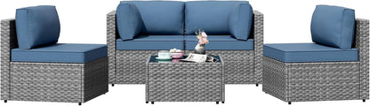 Patio Furniture Sets, 5 Piece Outdoor Sectional Sofas, Wicker Rattan Outdoor Furniture Patio Conversation Set, All-Weather PE Rattan Outdoor Couch for Backyard, Garden, Gray & Aegean Blue1