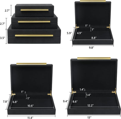 Faux Shagreen Decorative Stackable Jewelry Storage Boxes Set of 3,Black | Jewelry Organizers with Gold Metal Handles & Velvet Lining, Modern Black Box for Vanity, Entryway & Coffee Table Décor2
