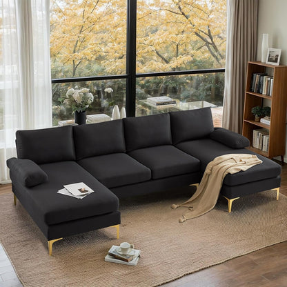 110" Modern Sectional Couch with 51" D Double Chaise, Black Deep Seat U Shaped Couch with Removable Pillows & Metal Legs, Comfy 4-Seat Sofas for Living Room, Linen Fabric1