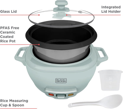 BLACK+DECKER 3-Cup Rice Cooker with Ceramic Pot, Surf Spray | Compact Rice Cooker with Ceramic Nonstick Pot, Automatic Keep Warm and One-Touch Operation.8