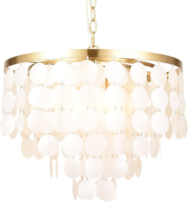 18.2" White Shell Chandeliers, Brushed Brass Finish, Coastal Kitchen Island Light Fixture, 4 Light Modern Pendant Light for Dining Room, Entryway and Bedroom, ETL Listed, AL2608-P41