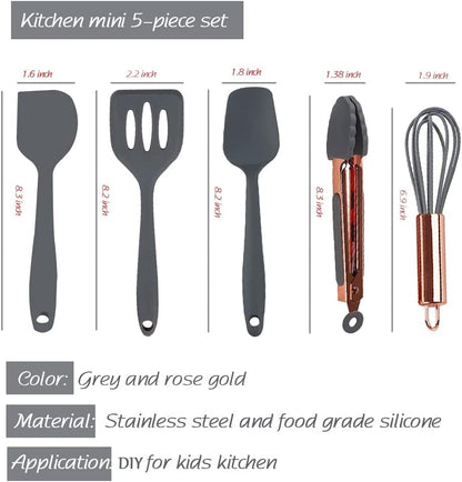 Rose Gold and Grey Mini Kitchen Utensil Small Five-Piece Set Tiny Silicone Kids Kitchen Tools Whisk Spatula Tongs Spoon and Slotted Spatula for Cooking(Kids Baking Supplies) Grey7