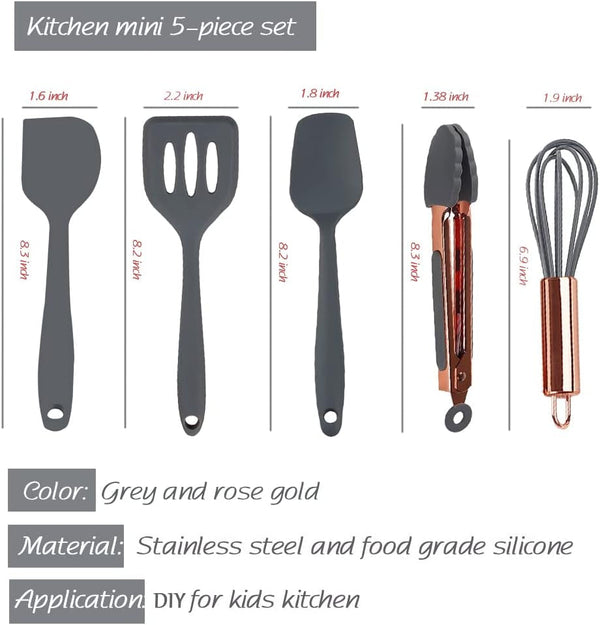 Rose Gold and Grey Mini Kitchen Utensil Small Five-Piece Set Tiny Silicone Kids Kitchen Tools Whisk Spatula Tongs Spoon and Slotted Spatula for Cooking(Kids Baking Supplies) Grey7
